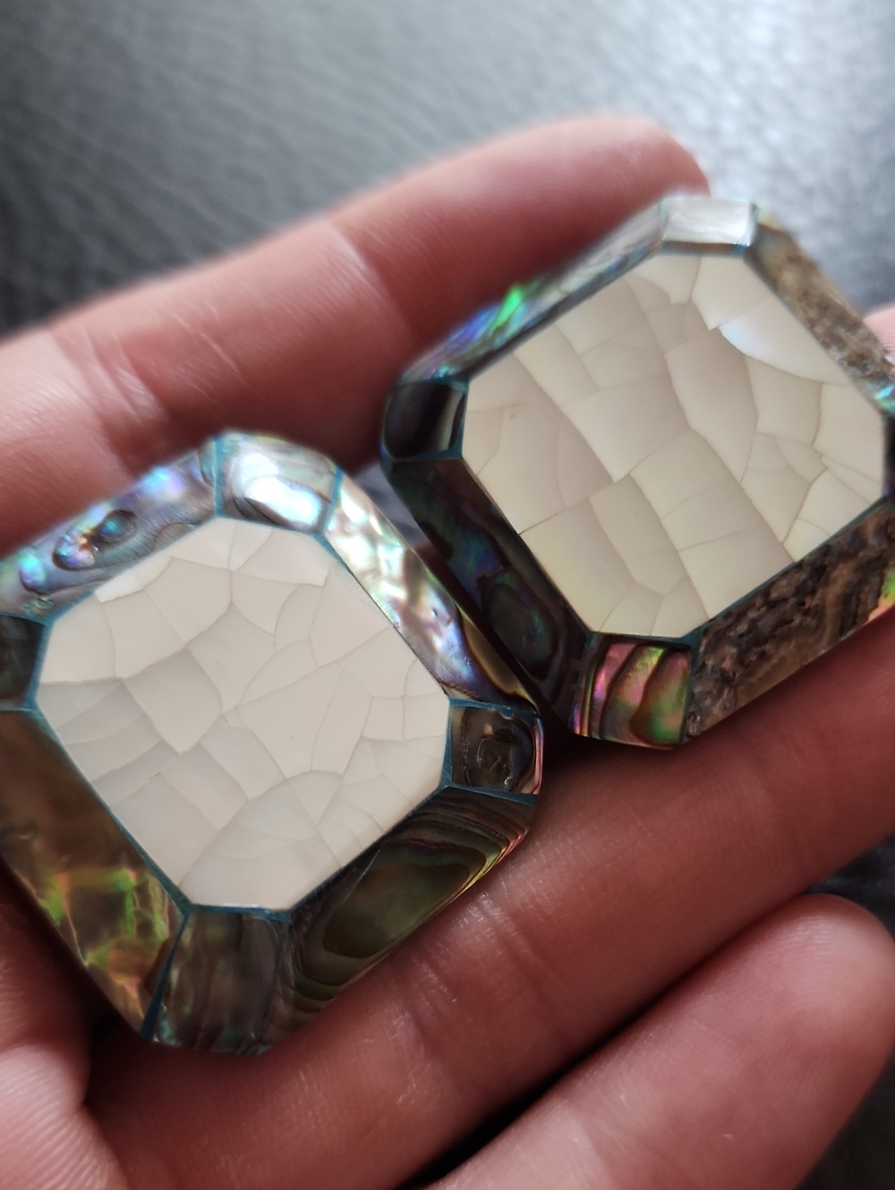 VTG Mother of Pearl and Abalone Octagon Statement Clip Earrings